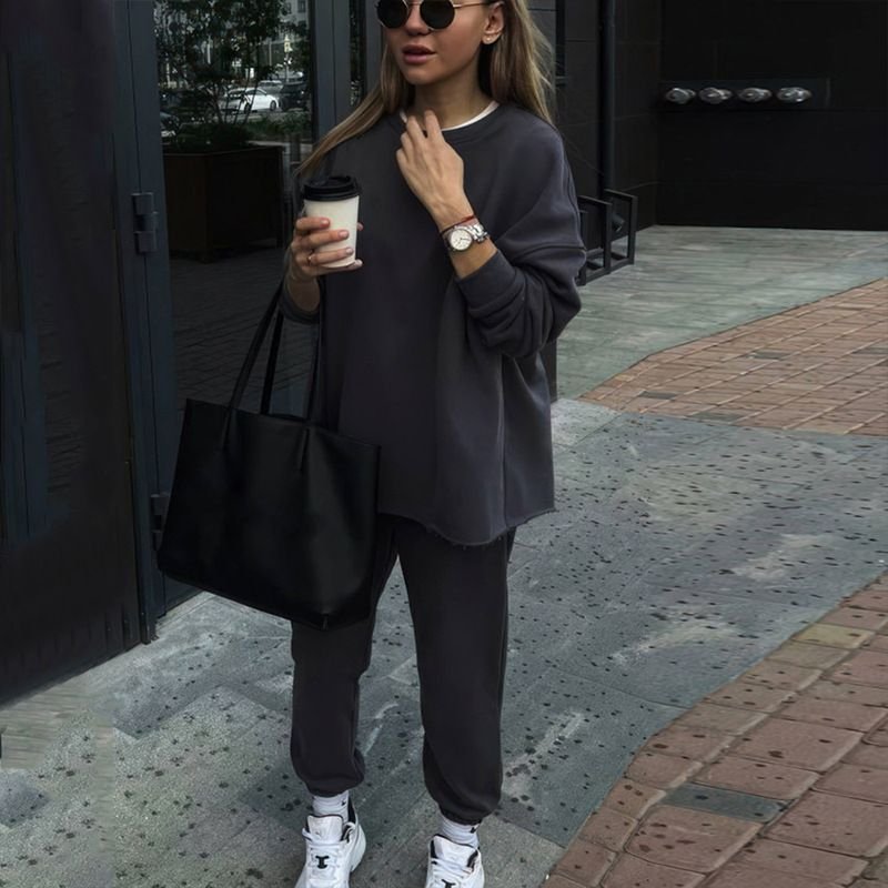 Casual Athleisure Women Fall Winter Sports Solid Color Long-Sleeved Top Fashionable Elastic Pants Two-Piece Set