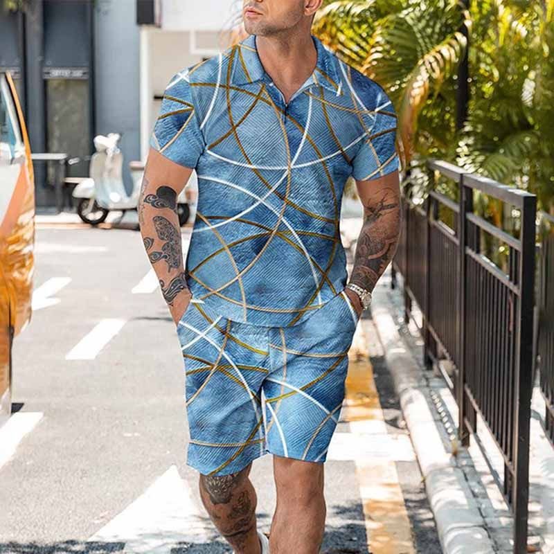 Men Fashion Casual Tiny Flower 3D Print Plus Size Short Sleeve Lapel POLO Shirt Shorts Set
