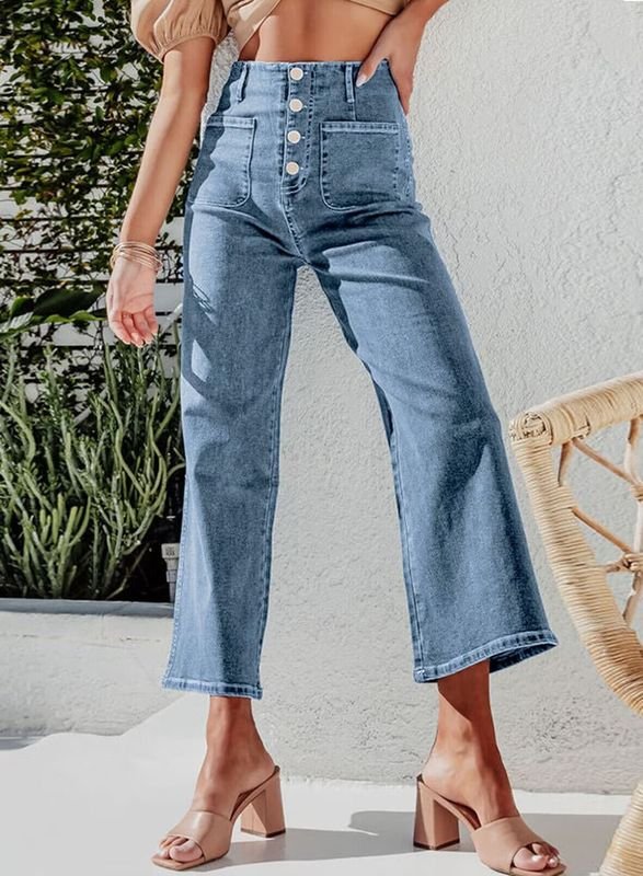 Autumn Buckle Stretch Women High Waist Elegant Washed Straight Leg Crop Jeans