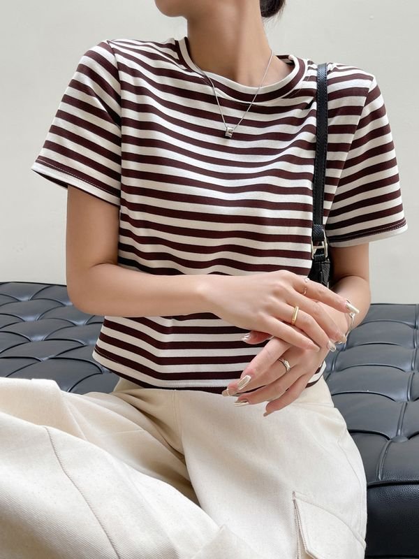 Summer Women Casual Stripe Round Neck Short Sleeve T-Shirt