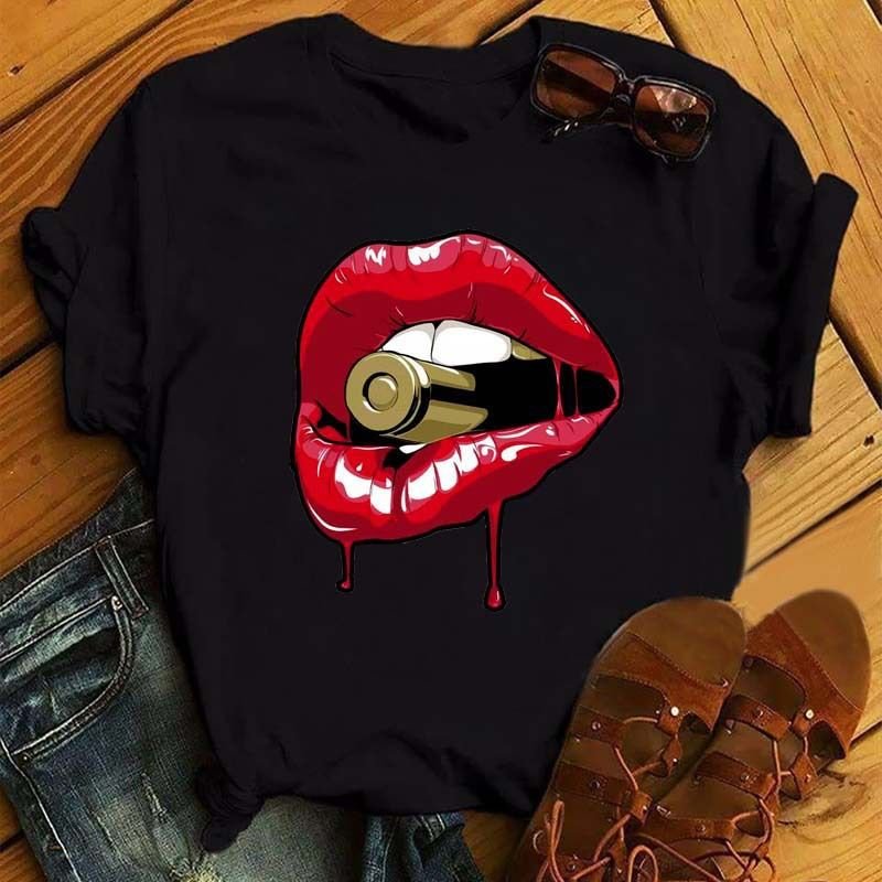 Women Sexy Fashion Lips Retro Simple Short Sleeve T-Shirt