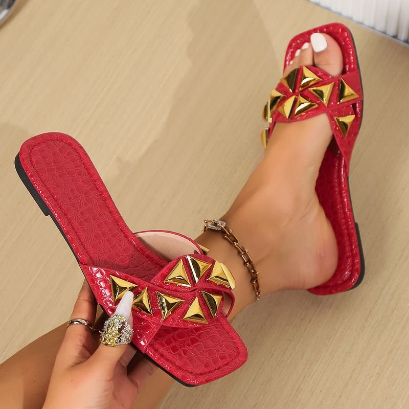 Plus Size Casual Women Flat Bottom Metal Decor Square Toe Flat Pu Leather Slippers