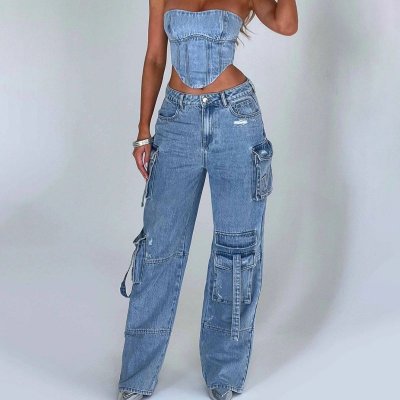 Women Fashion Sexy Low Waist Stereo Pocket Stitching Cargo Jeans