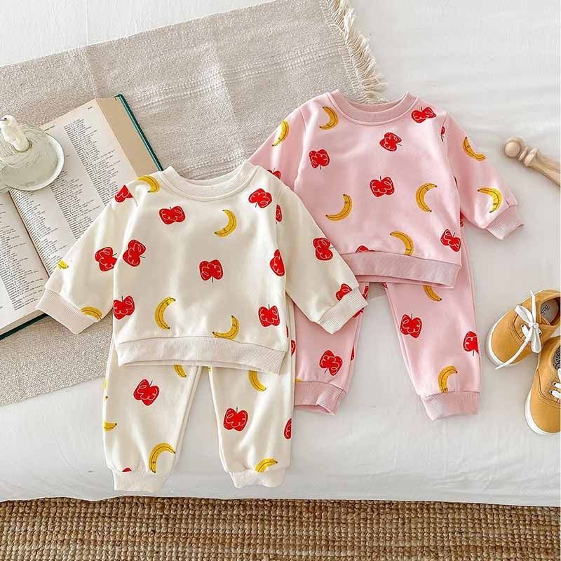 Kids Baby Girls Casual Cute Apple Banana Print Long Sleeve Sweatshirts Pants Sets