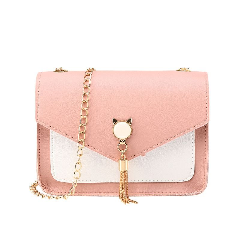 Women Chic Flap Buckle Design Cat Tassel Decoration Color Blocking PU Crossbody Bag