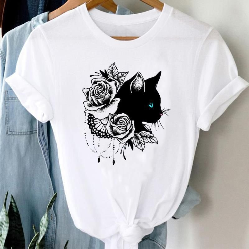 Women Foot Print Printed Cat And Dog Pet Pattern Short-Sleeved T-Shirt