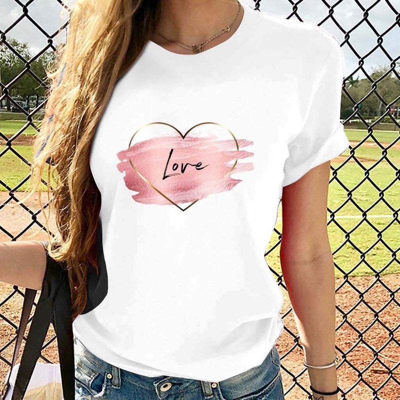 Plus Size Women Crewneck Casual Simple Heart Floral Letter Short-Sleeved T-Shirt