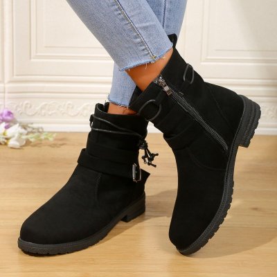 Autumn Winter Women Fashion Plus Size Side Zipper Belt Buckle Round Toe Short Boots