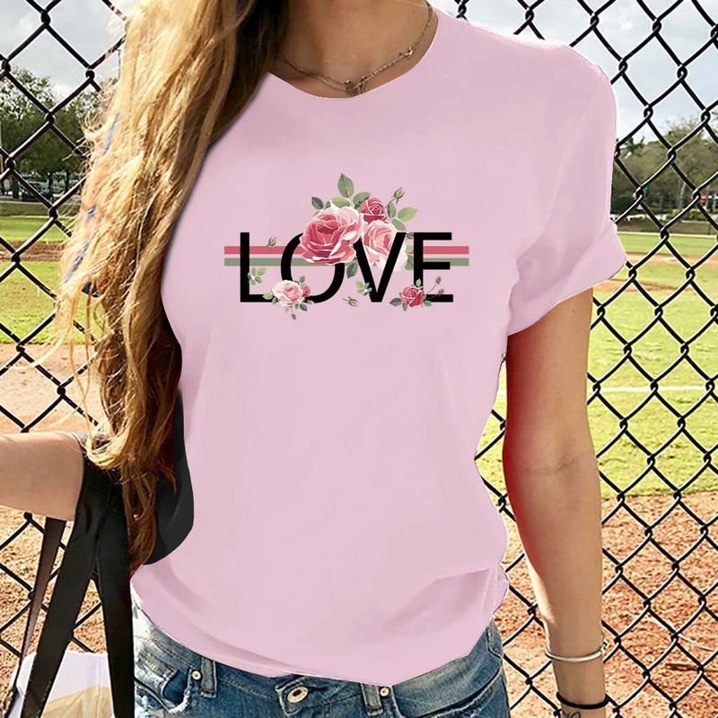 Basic Women Love Letter Short Sleeve Crewneck Retro Floral T-Shirt