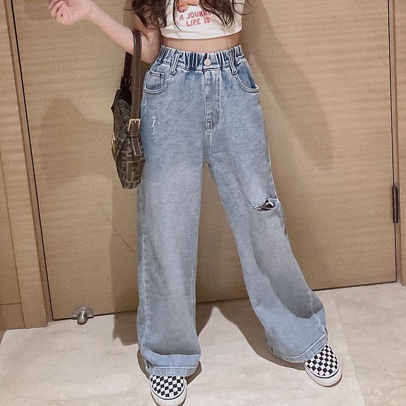 Kids Toddler Girls Fashion Shredded Wide Leg Pants Loose High Waist Jeans