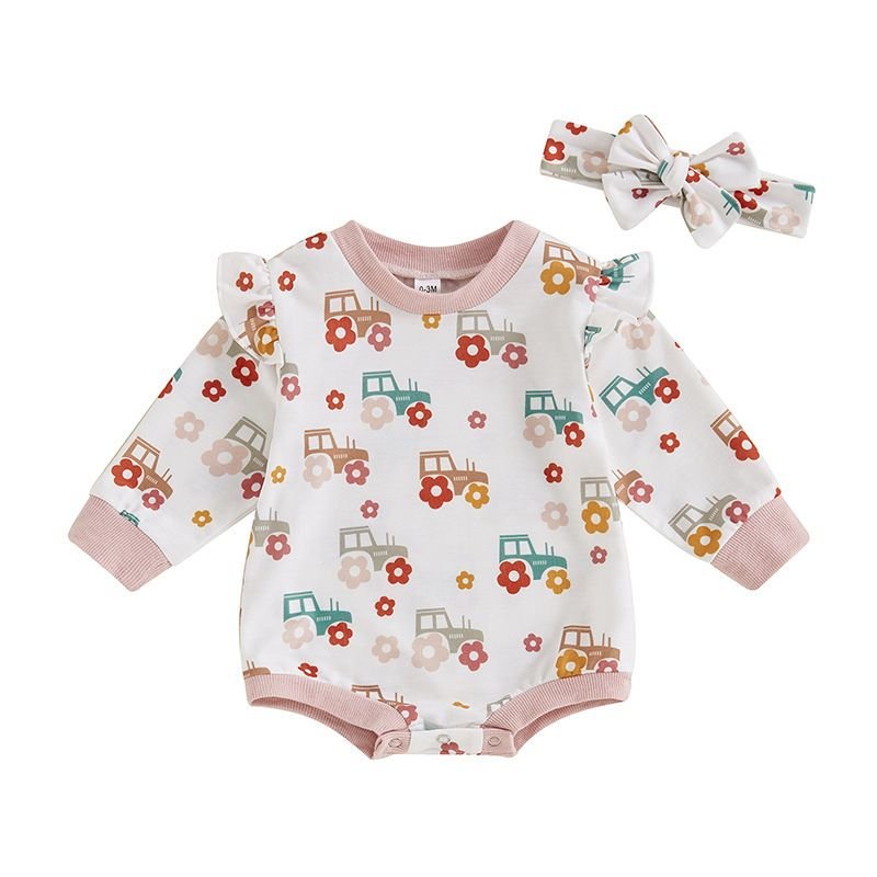 Kids Baby Girls Spring Autumn Casual Cute Car Print Long Sleeve Romper