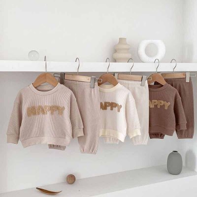 Kids Baby Boys Casual Cute Alphabet Waffle Long Sleeve Sweatshirts Pants Sets