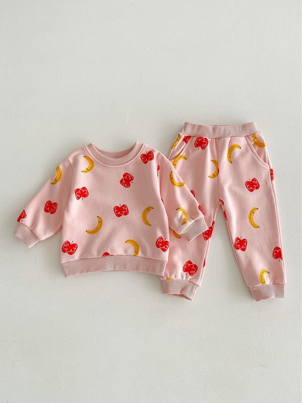 Kids Baby Girls Casual Cute Apple Banana Print Long Sleeve Sweatshirts Pants Sets