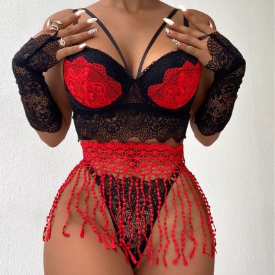 Women Fashion Sexy Lace Hollow Tassel Sexy Underwear Three-Piece Set