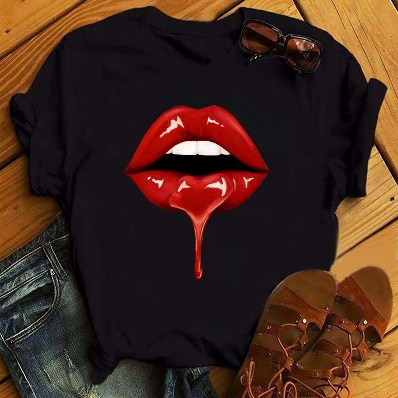 Women Sexy Fashion Lips Retro Simple Short Sleeve T-Shirt