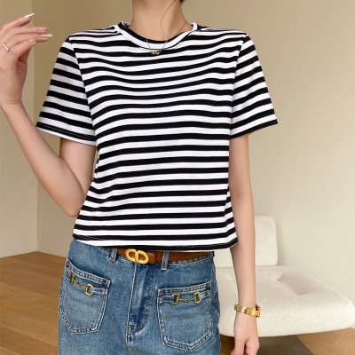 Summer Women Casual Stripe Round Neck Short Sleeve T-Shirt