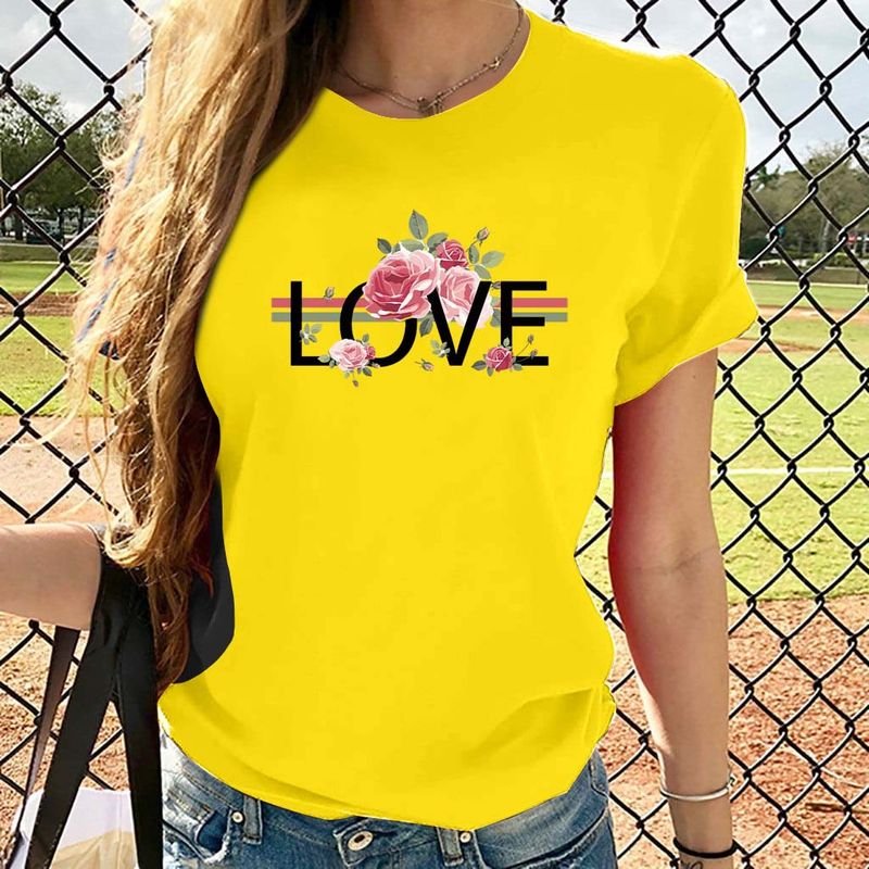 Basic Women Love Letter Short Sleeve Crewneck Retro Floral T-Shirt