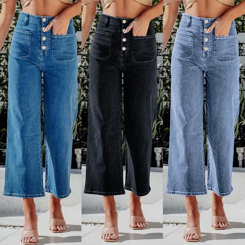 Autumn Buckle Stretch Women High Waist Elegant Washed Straight Leg Crop Jeans