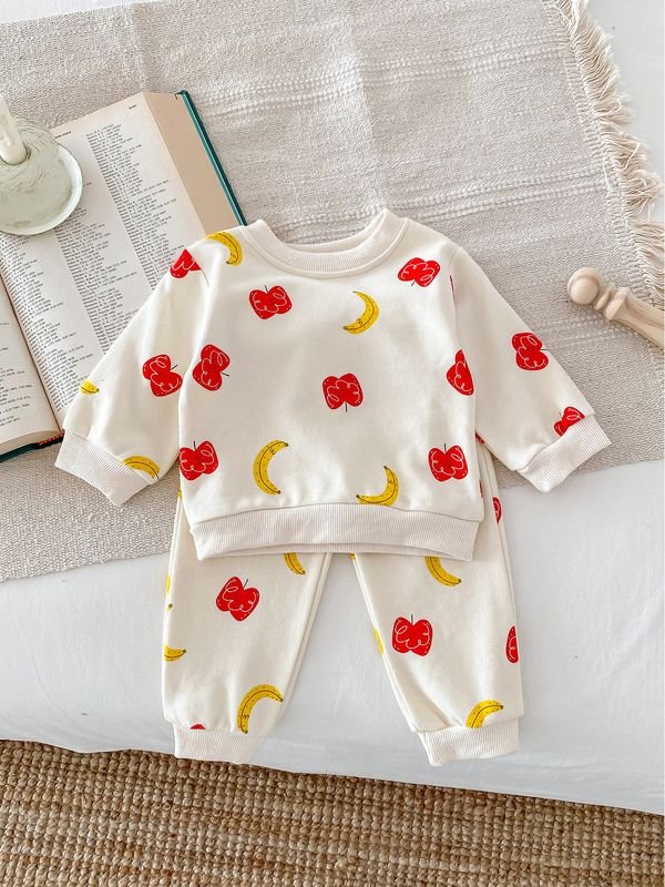 Kids Baby Girls Casual Cute Apple Banana Print Long Sleeve Sweatshirts Pants Sets