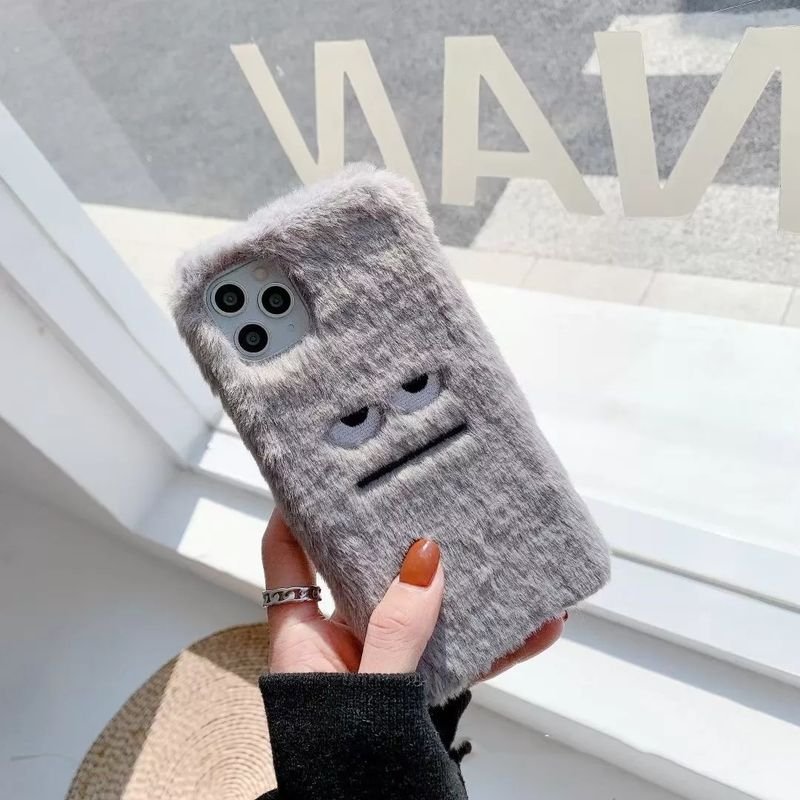 Winter Plush Embroidery Grey Funny Expression Phone Case For Iphone 16