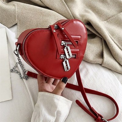 Women Creative Zipper Design Solid Color Heart Shaped PU Crossbody Bag