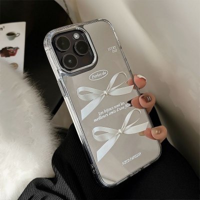 Women Fashion Mirror Three-Dimensional Pearl Bow Anti-Drop Apple Mobile Phone Protective Case