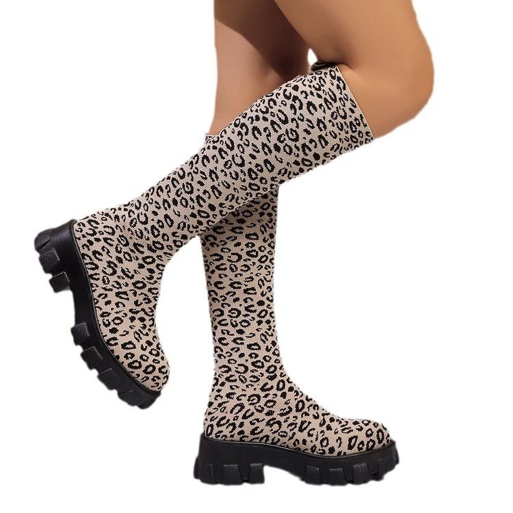 Women Fashion Plus Size Leopard Printed Flying Fabric Thick-Soled Round Toe High Boots