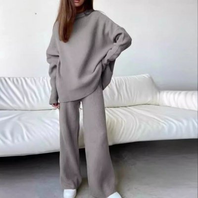 Women Fashion Loose Solid Color High Neck Knitted Long Sleeve Top Pants Two-Piece Set