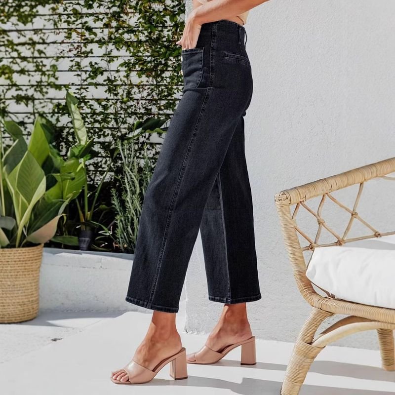 Autumn Buckle Stretch Women High Waist Elegant Washed Straight Leg Crop Jeans