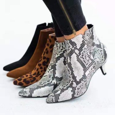 Women Fashion Leopard Snake Print Pointed Heel Ankle Boots