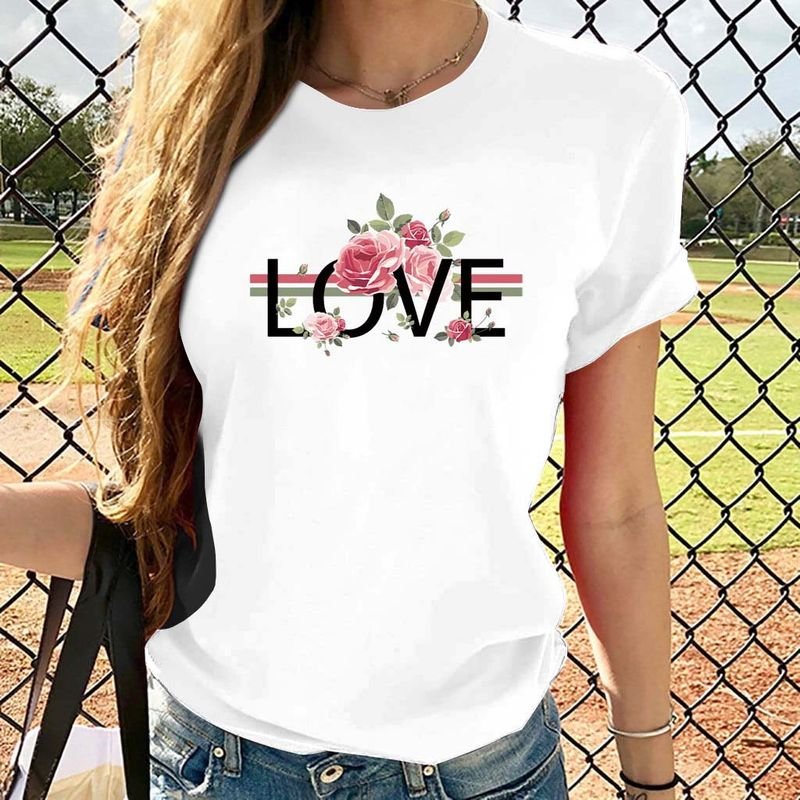 Basic Women Love Letter Short Sleeve Crewneck Retro Floral T-Shirt