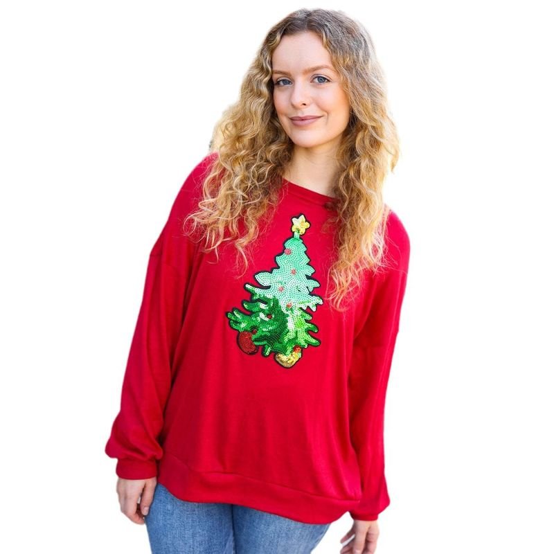 Autumn Winter Women Fashion Christmas Tree Sequin Round Neck Long Sleeve Sweatshirt