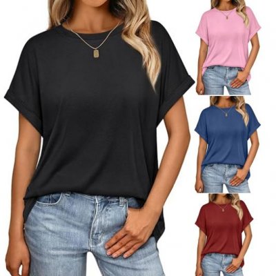 Summer Women Casual Solid Color Round Neck Short Sleeve Blank T-Shirt