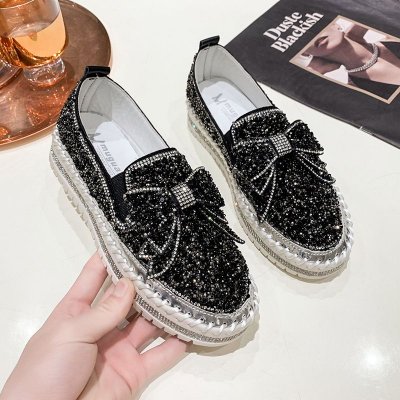 Women Plus Size Fashion Rhinestone Bow Platform Loafers