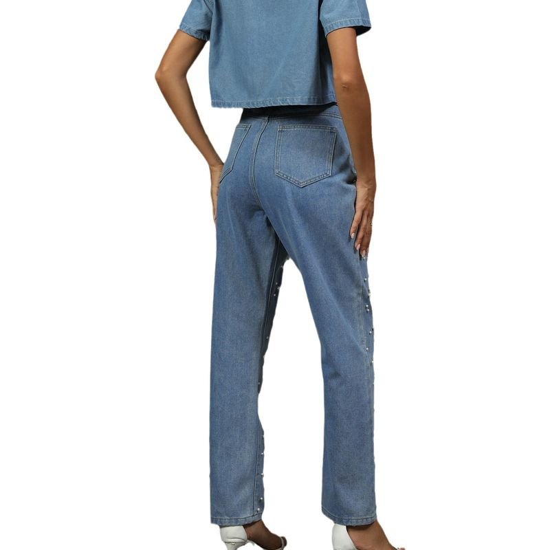Women Autumn Winter Fashion Pearl Denim Straight Pants Women Jeans