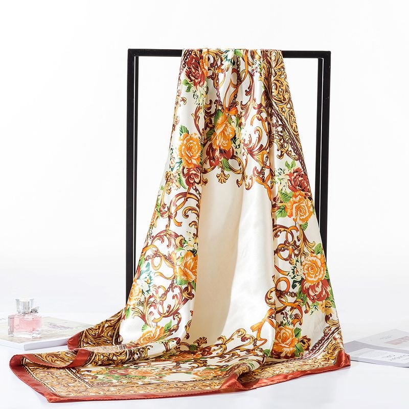 Women Fashion Satin Floral Printed Satin Square Silk Scarf