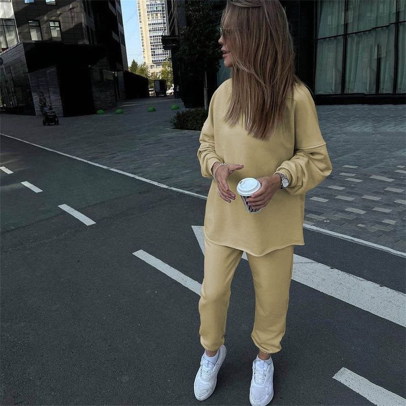 Casual Athleisure Women Fall Winter Sports Solid Color Long-Sleeved Top Fashionable Elastic Pants Two-Piece Set