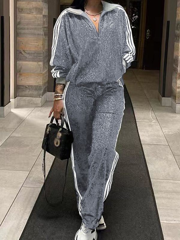 Women Fashion Plus Size Sequin Zipper Long Sleeve Top Pants Two-Piece Set