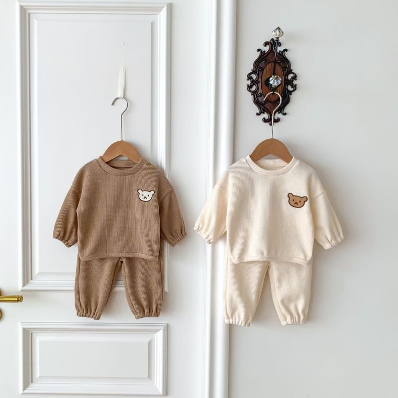 Kids Baby Boys Girls Casual Cute Cartoon Rib-Knit Long Sleeve Sweatshirts Pants Sets