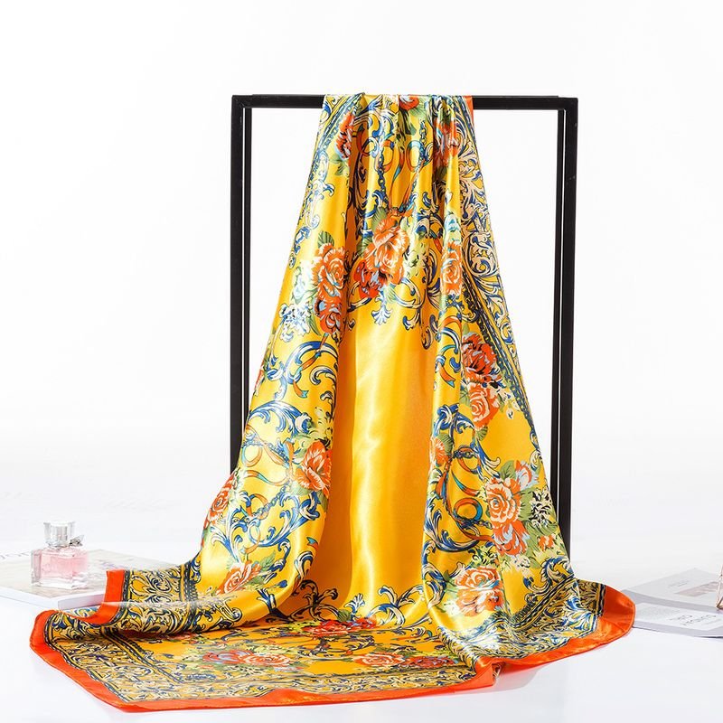 Women Fashion Satin Floral Printed Satin Square Silk Scarf