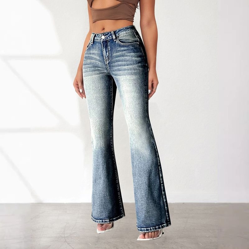 Women High Stretch Pocket Embroidered Vintage Jeans Slim Fit Flare Denim Pants