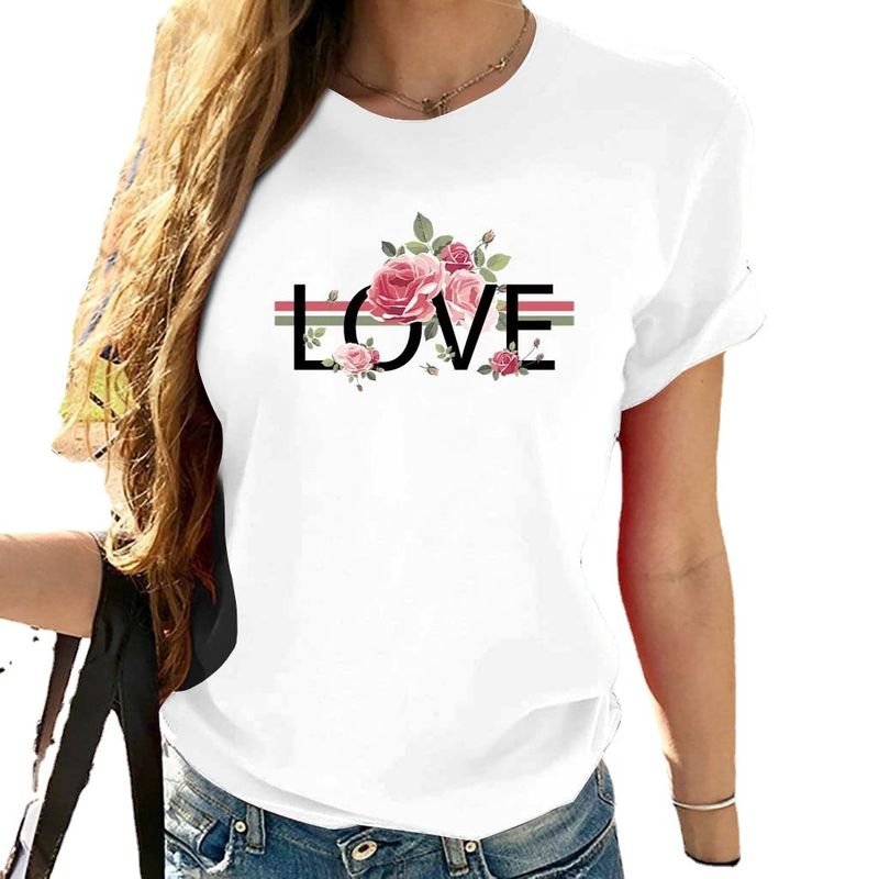 Basic Women Love Letter Short Sleeve Crewneck Retro Floral T-Shirt