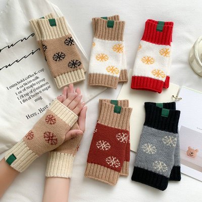 Women Fashion Christmas Snowflake Stripe Warm Knitted Half Finger Gloves