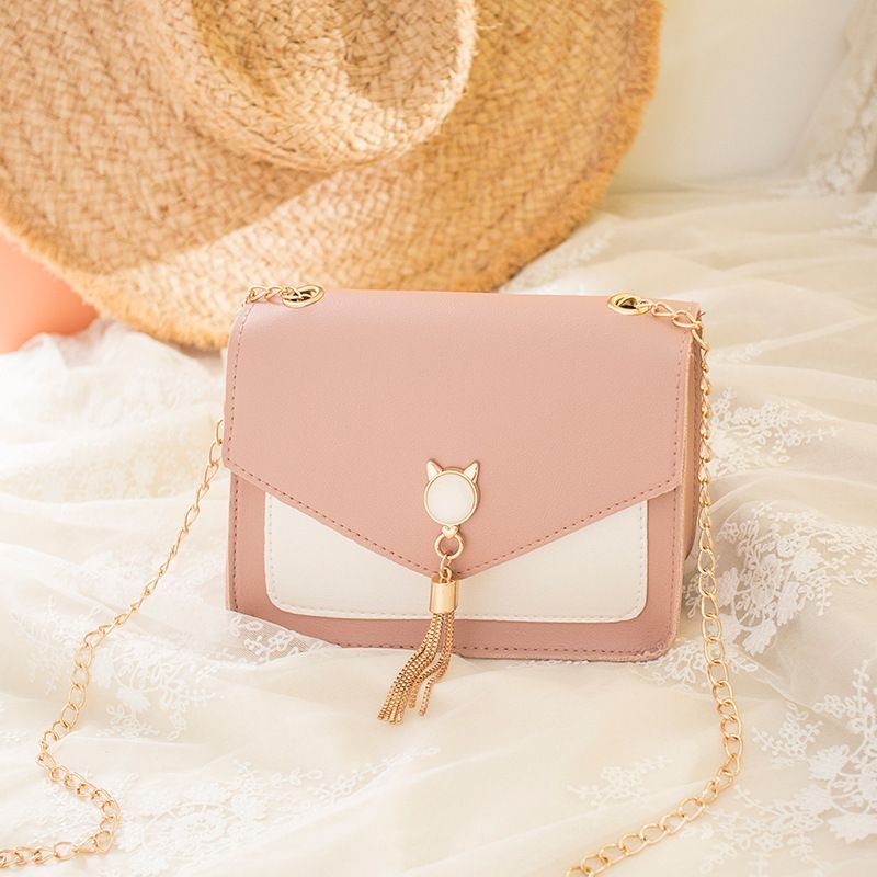 Women Chic Flap Buckle Design Cat Tassel Decoration Color Blocking PU Crossbody Bag