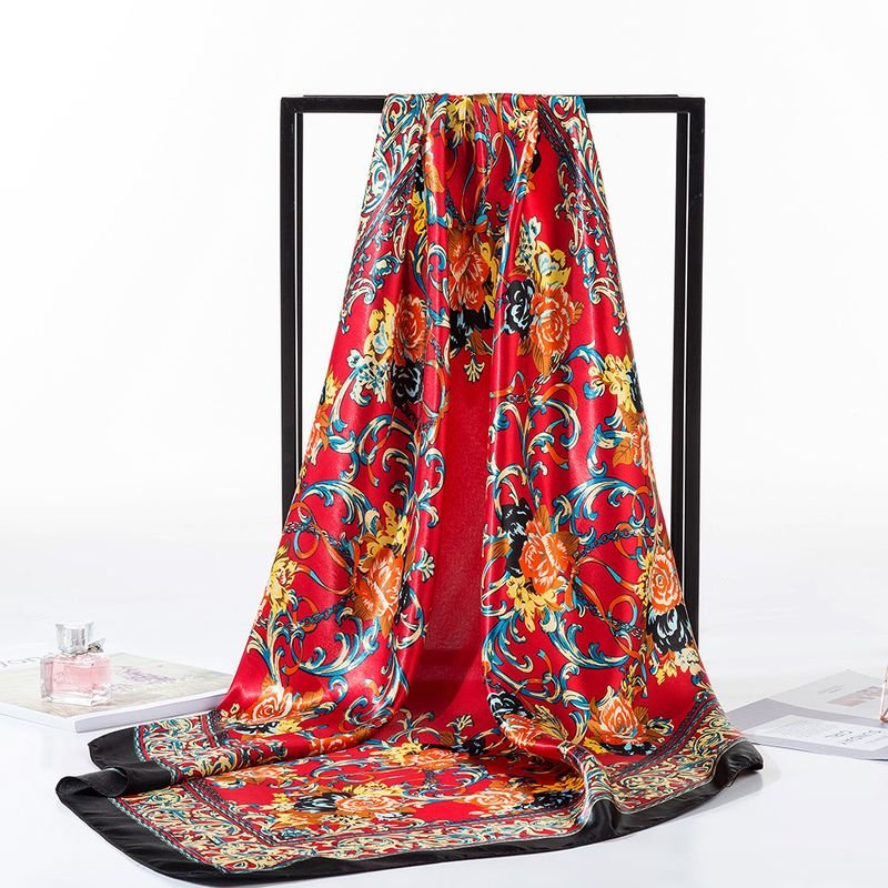 Women Fashion Satin Floral Printed Satin Square Silk Scarf