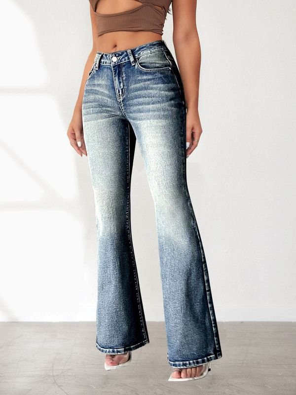 Women High Stretch Pocket Embroidered Vintage Jeans Slim Fit Flare Denim Pants