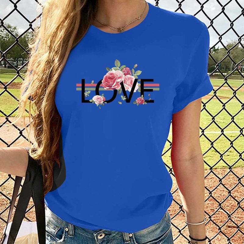 Basic Women Love Letter Short Sleeve Crewneck Retro Floral T-Shirt