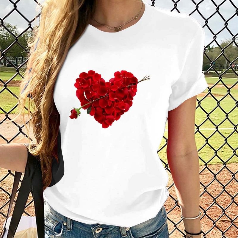 Plus Size Women Crewneck Casual Simple Heart Floral Letter Short-Sleeved T-Shirt