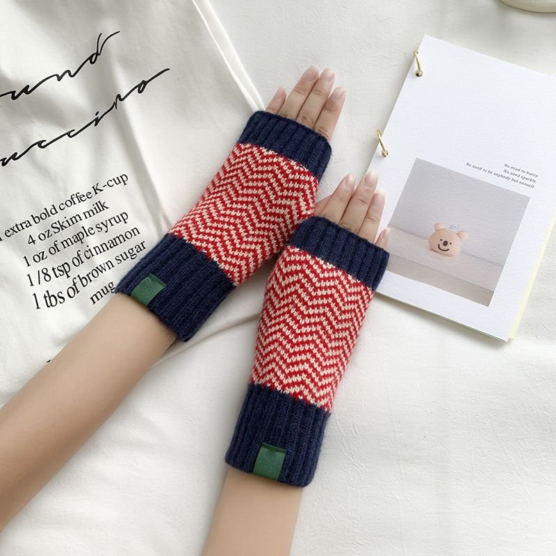 Women Fashion Christmas Snowflake Stripe Warm Knitted Half Finger Gloves